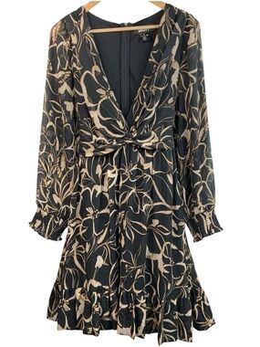 DKNY Long Sleeve Black Floral Plunging V-Neck Dress